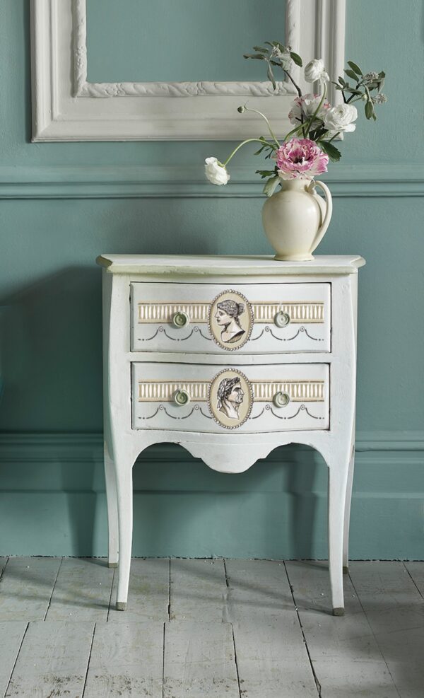 Annie Sloan Interiors Living room Svenska Blue wall Pure and Olive mix details side table Portrait Classical Cameo IOD Paint Inlay