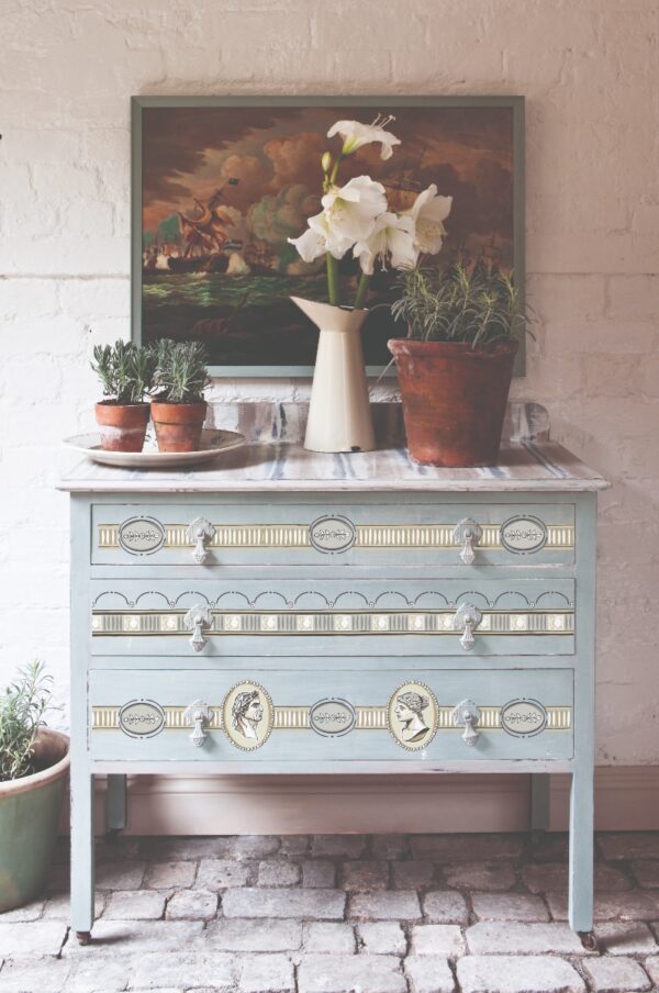 WAnnie Sloan Interiors Ltd Blue drawers with plants Classical Cameo IOD Paint Inlay