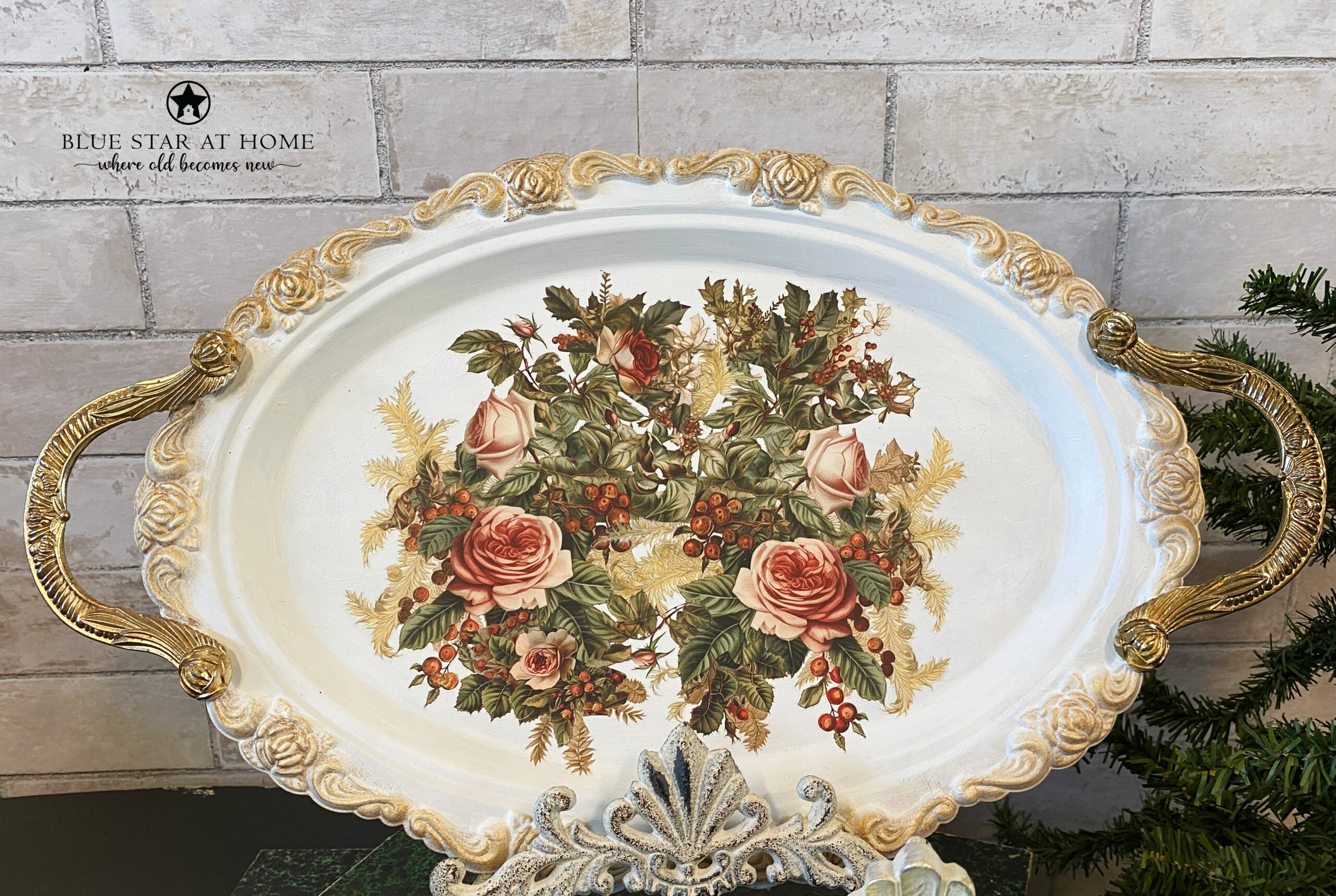 silver tray with floral transfer